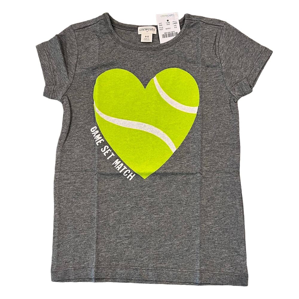 NWT J. Crew Girls' Grey Tennis "Game Set Match" Fuzzy Heart Tee - SIZE 4-5